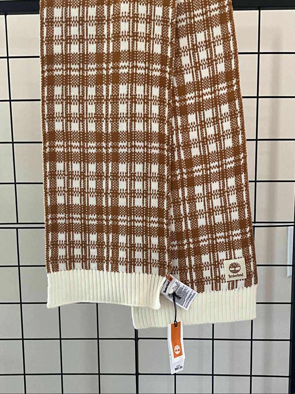 Timberland Cream and Brown Plaid Knit Scarf